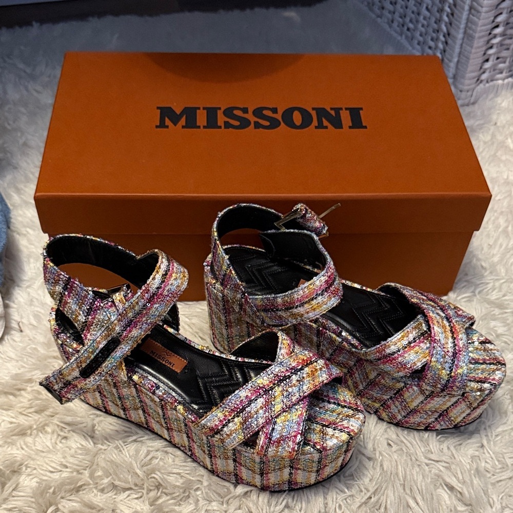 NIB Missoni Julia Sandals - Vibrant Rainbow Woven Sequin Platform Sandals